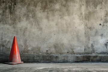 Copy Space provided by Traffic cone Concrete wall and Cement floor - obrazy, fototapety, plakaty