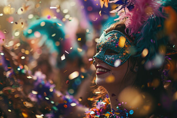 Festive Carnival Delight: Mardi Gras Spectacle Unveiled - Masked Revelers Dance Amidst Floating...