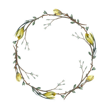 Floral spring wreath buds, crocus branches and flowers isolated on white background. Hand painted with watercolors. 