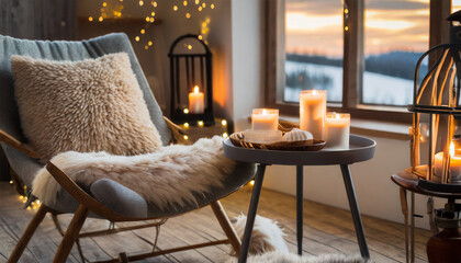 Comfortable armchair adorned with a sheepskin throw and a coffee table illuminated by candles. Modern living room interior in a Scandinavian huge style