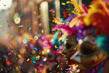 Festive Carnival Delight: Mardi Gras Spectacle Unveiled - Masked Revelers Dance Amidst Floating Confetti and Brightly Colored Feathers, Radiating the Lively Energy and Spirit of the Celebration.

