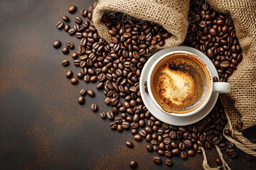 Naklejka premium Coffee cup in a cafe and coffee beans in a sack on a brown background from above