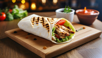 Delectable shawarma presentation on a wooden board, displayed on a cafe table. Grilled pita enveloping succulent chicken, crisp vegetables, and flavorful sauce