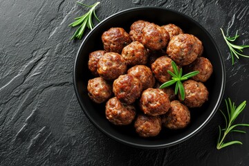 Cooked beef meatballs on black background ready to be eaten