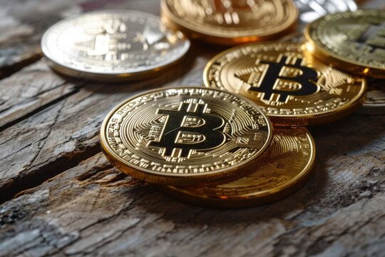 Cripto World: A table adorned with bitcoins creates a compelling visual of the digital currency revolution, embodying the essence of decentralized finance and the transformative power of blockchain