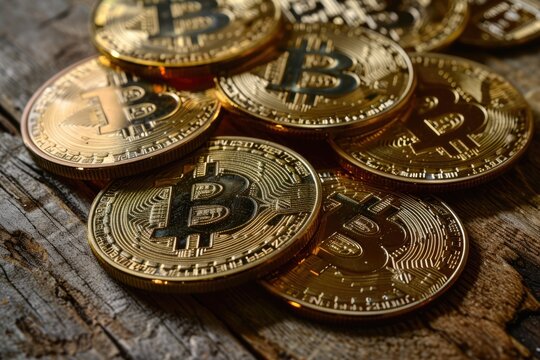 Cripto World: A table adorned with bitcoins creates a compelling visual of the digital currency revolution, embodying the essence of decentralized finance and the transformative power of blockchain