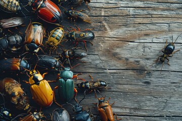 Bug Variety: A wooden table hosts a vibrant ensemble of insects, showcasing their unique shapes and colors, creating a visual symphony that celebrates the extraordinary biodiversity found in the worl