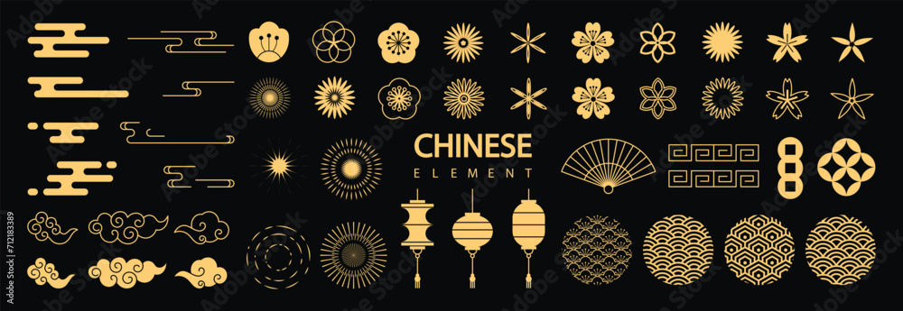 Wall mural Chinese New Year Icons vector set. Cherry blossom flower, firework, hanging lantern, cloud isolated icon of Asian Lunar New Year holiday decoration vector. Oriental culture tradition illustration.