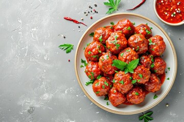 Top view of homemade meatballs with tomato sauce and spices on plate with grey background - obrazy, fototapety, plakaty