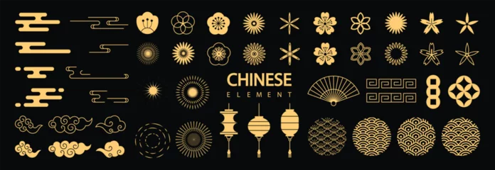 Foto op Plexiglas Chinese New Year Icons vector set. Cherry blossom flower, firework, hanging lantern, cloud isolated icon of Asian Lunar New Year holiday decoration vector. Oriental culture tradition illustration. © TWINS DESIGN STUDIO