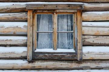 Details of rural buildings in winter including the wooden window of the house and the weather forecast