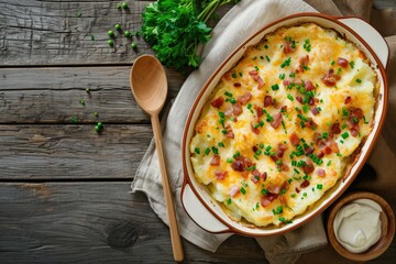 Smashed potatoes with cheeses bacon and cream baked in a dish on a wooden table No need for loaded cheddar cheese cream cheese wood spoon dark wooden table fla