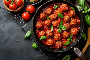 Top view of meatballs and tomato sauce in a frying pan on a dark stone table