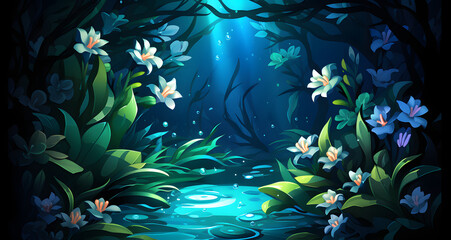 this is an illustration of a dark garden with blue and white flowers
