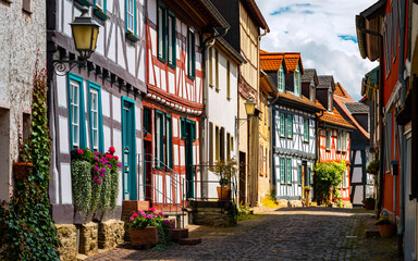 Fototapeta na wymiar Idyllic old town panorama of Idstein in Hessen, Germany. Picturesque renovated truss houses with colorfully painted framework. The historic city center is a tourist attraction and protected monument.