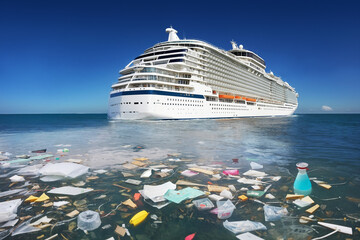 Textured surface, Cruise ship moves into sea with garbage, human traces in nature, global ocean pollution, environmental issues