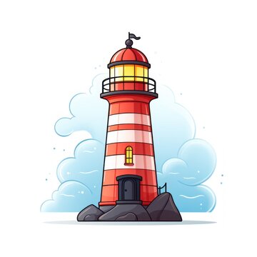 Lighthouse on the rock. illustration on a white background. Generative AI