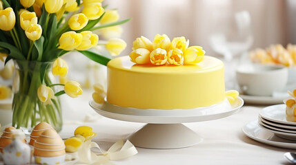 Obraz na płótnie Canvas Elegant yellow fondant cake decorated with fresh tulips and Easter eggs in a white bowl, on table. Happy Easter concept