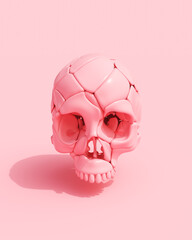 Pink human skull sculpture shiny death head Halloween skeleton bone 3d illustration render digital rendering