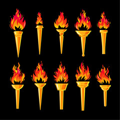 Collection of different torches with a blazing fire. The amazing flame torch of the champion's victory. Flame icons.