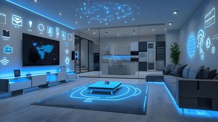 Futuristic smart home interiors showcase the Internet of Things (IoT) connectivity concept with networked devices and appliances. - obrazy, fototapety, plakaty