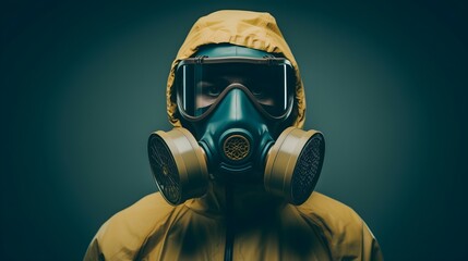 Man in gas mask and yellow suit - obrazy, fototapety, plakaty
