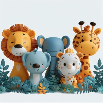 Minimalist small cute and fun baby jungle animals in the style of a children invitation, 3d rendering. Generative AI.