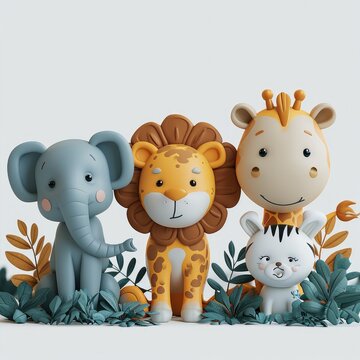 Minimalist small cute and fun baby jungle animals in the style of a children invitation, 3d rendering. Generative AI.