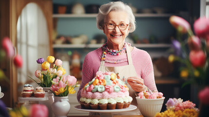 An elderly woman, sweet grandmother, presents homemade decorated cupcakes. Homemade holiday baking for Easter