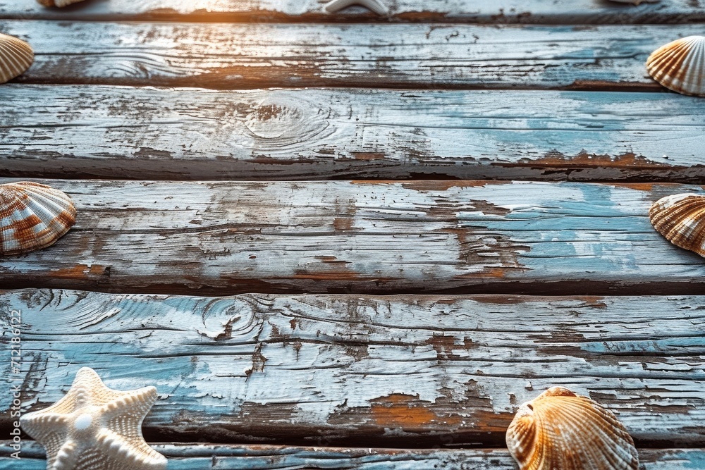 Wall mural rustic wooden background with a beach theme and many wooden slats. generative ai.