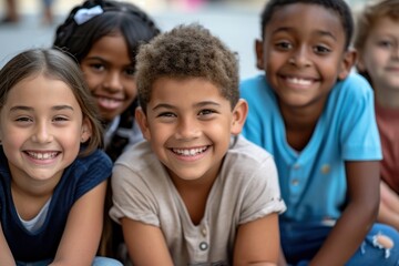 Diverse group of boys and girls using social skills at school  - obrazy, fototapety, plakaty