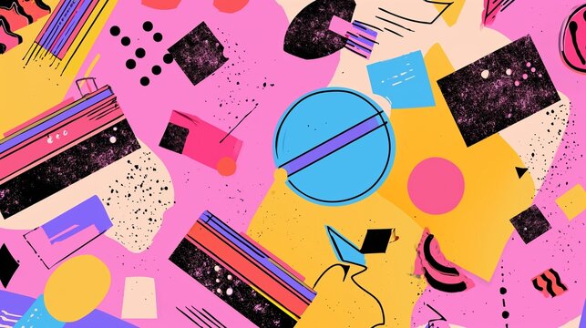 Vibrant 90s style vintage background illustration with funky geometric shapes, neon colors, and retro patterns reminiscent of old-school fashion and pop culture.