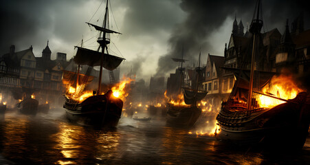 two ships on fire near an old town - obrazy, fototapety, plakaty