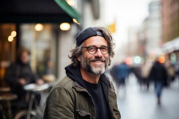 Handsome middle-aged man with gray hair and beard, wearing casual clothes and eyeglasses, walking through the streets of a European city