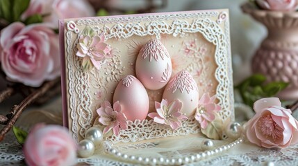 Delicate egg patterns, lace, and pearls create an Easter card sophistication