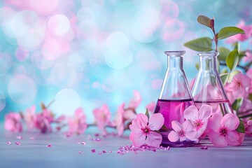 Botanical Science: Pink Flowers and Chemistry Flasks