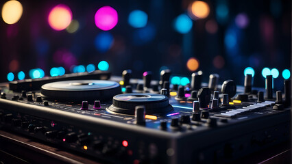 Music party background. Showbiz concept. Professional DJ equipment with bokeh background....