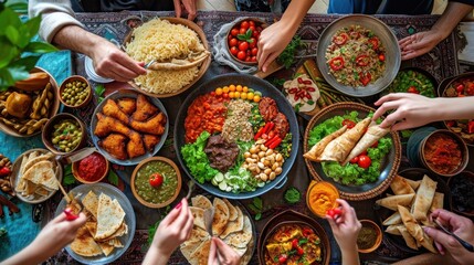Images of sharing meals, acts of kindness, and community support during Ramadan with copy space - obrazy, fototapety, plakaty