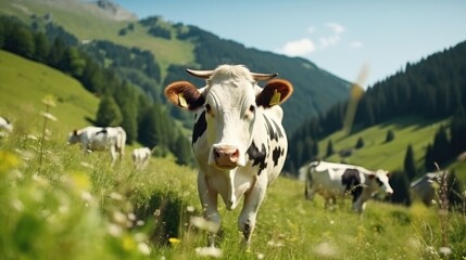 A herd of well-groomed, beautiful, healthy cows graze on a green meadow in the mountains. Modern farm life - obrazy, fototapety, plakaty