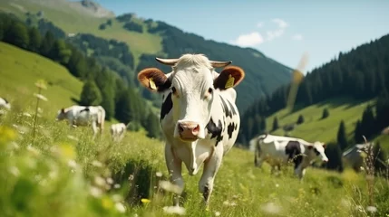 Ingelijste posters A herd of well-groomed, beautiful, healthy cows graze on a green meadow in the mountains. Modern farm life © masyastadnikova