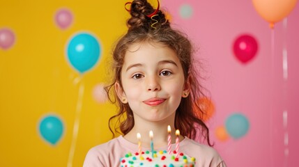 Obraz premium happy birthday litthe girl with birthday cake against vivid minimalist background