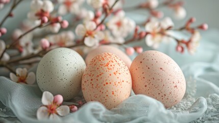 Naklejka na ściany i meble Pastel eggs, delicate lace, and dainty florals compose a refined spring background