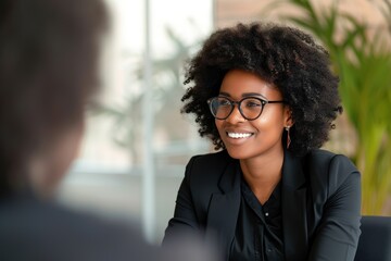 A super confident business woman negotiating her salary in a job interview  - obrazy, fototapety, plakaty