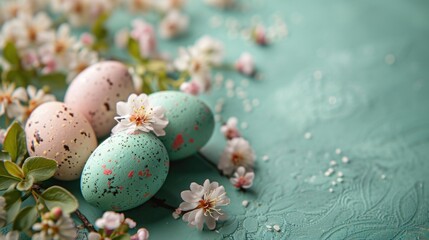 Fototapeta na wymiar Pastel eggs, delicate lace, and dainty florals compose a refined spring background