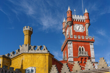 Facade of national Palace of Pena with red tower, Sintra, Lisbon, Portugal