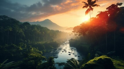 Sunrise Over Lush Jungle and Mountain River