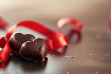 Two chocolate hearts with a single red ribbon curled gently around them. Valentine's day inspiration.