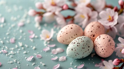 Obraz na płótnie Canvas Pastel eggs, delicate lace, and dainty florals compose a refined spring background