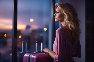 woman with purple suitcase standing by the window at night at hotel room. ai generated - obrazy, fototapety, plakaty