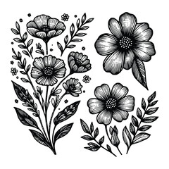 set of floral hand drawn style. flower rose, peony, leaves for decoration. black and white vector flowers  illustration